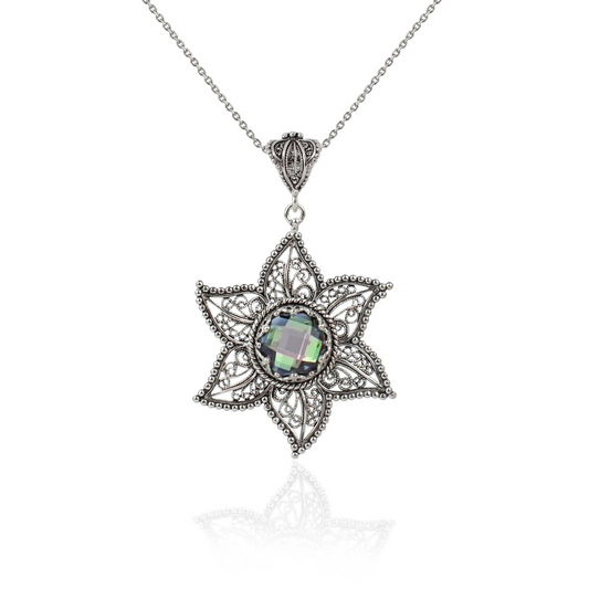 FiligranIst - Handcrafted Sterling Silver Filigree Art Rainbow Quartz Star Design Pendant Necklace