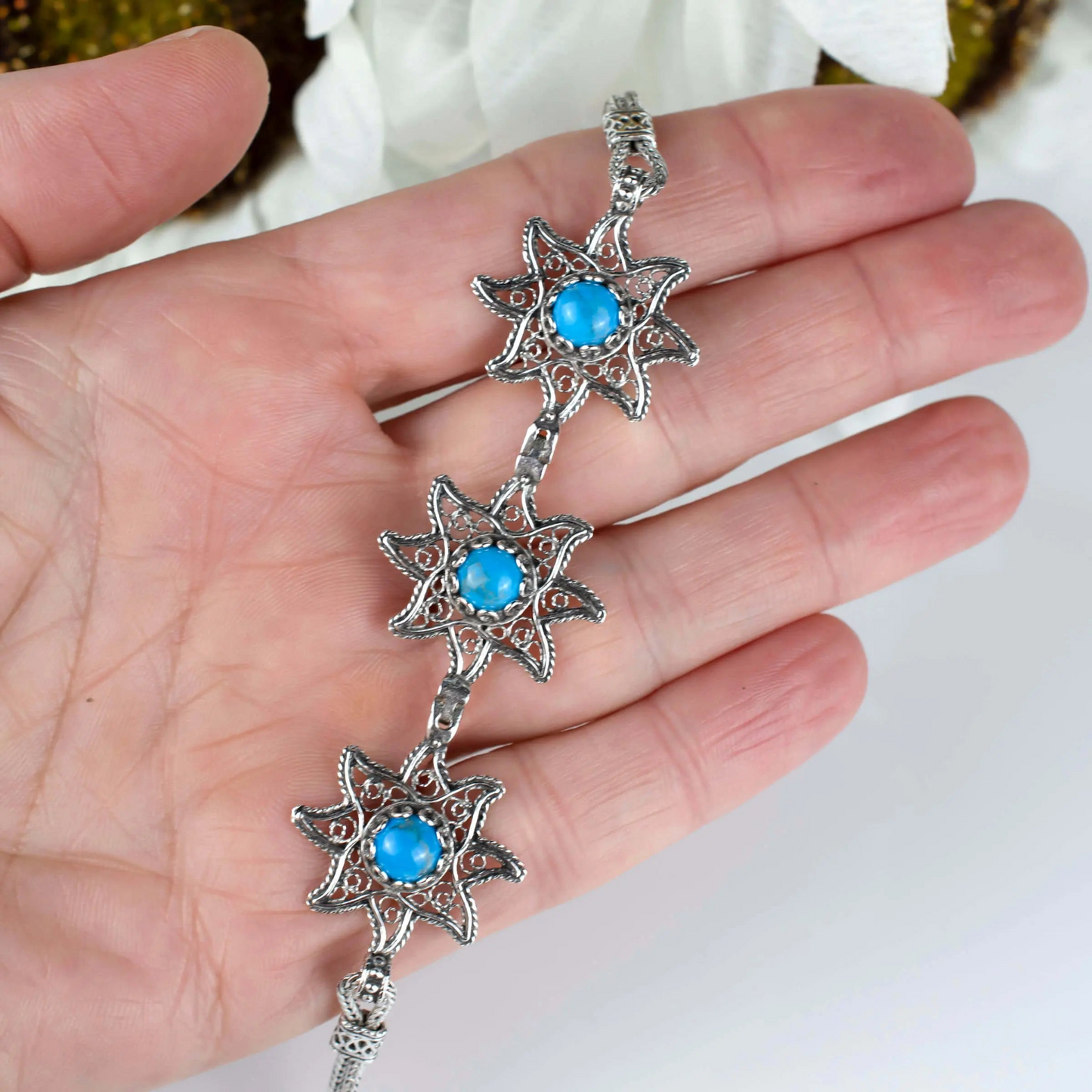 FiligranIst - Filigree Art Turquoise Gemstone Star Figured Women Silver Link Bracelet