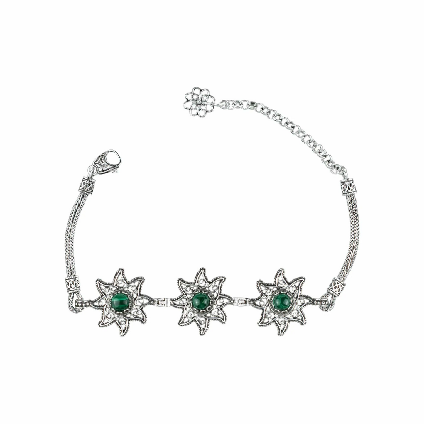 FiligranIst - Filigree Art Malachite Gemstone Star Figured Women Silver Link Bracelet