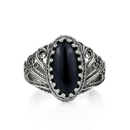 FiligranIst - Black Onyx Gemstone Angel Wings Silver Cocktail Ring