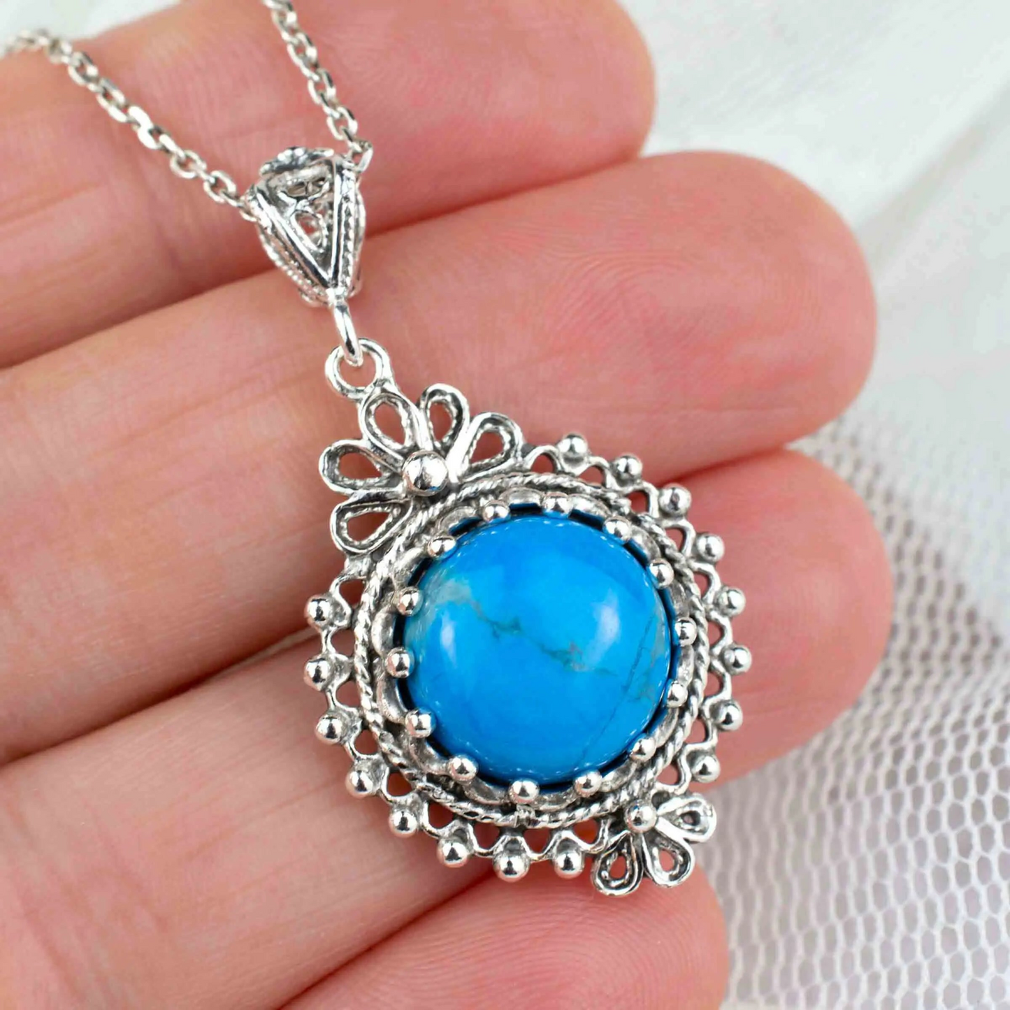 FiligranIst - Handcrafted Turquoise Gemstone Silver Boho Pendant Necklace