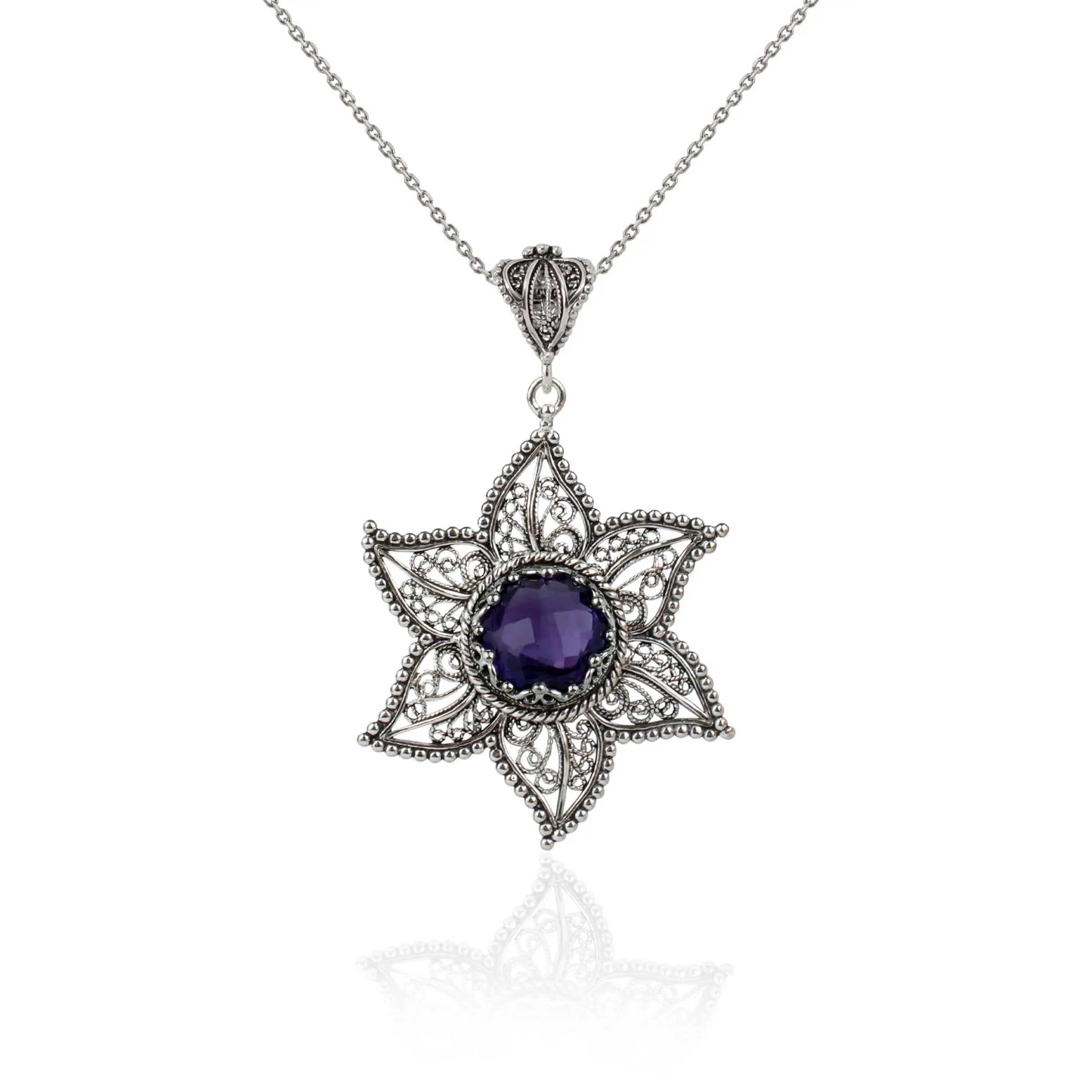 FiligranIst - Handcrafted Filigree Art Amethyst Gemstone Star Design Silver Pendant Necklace