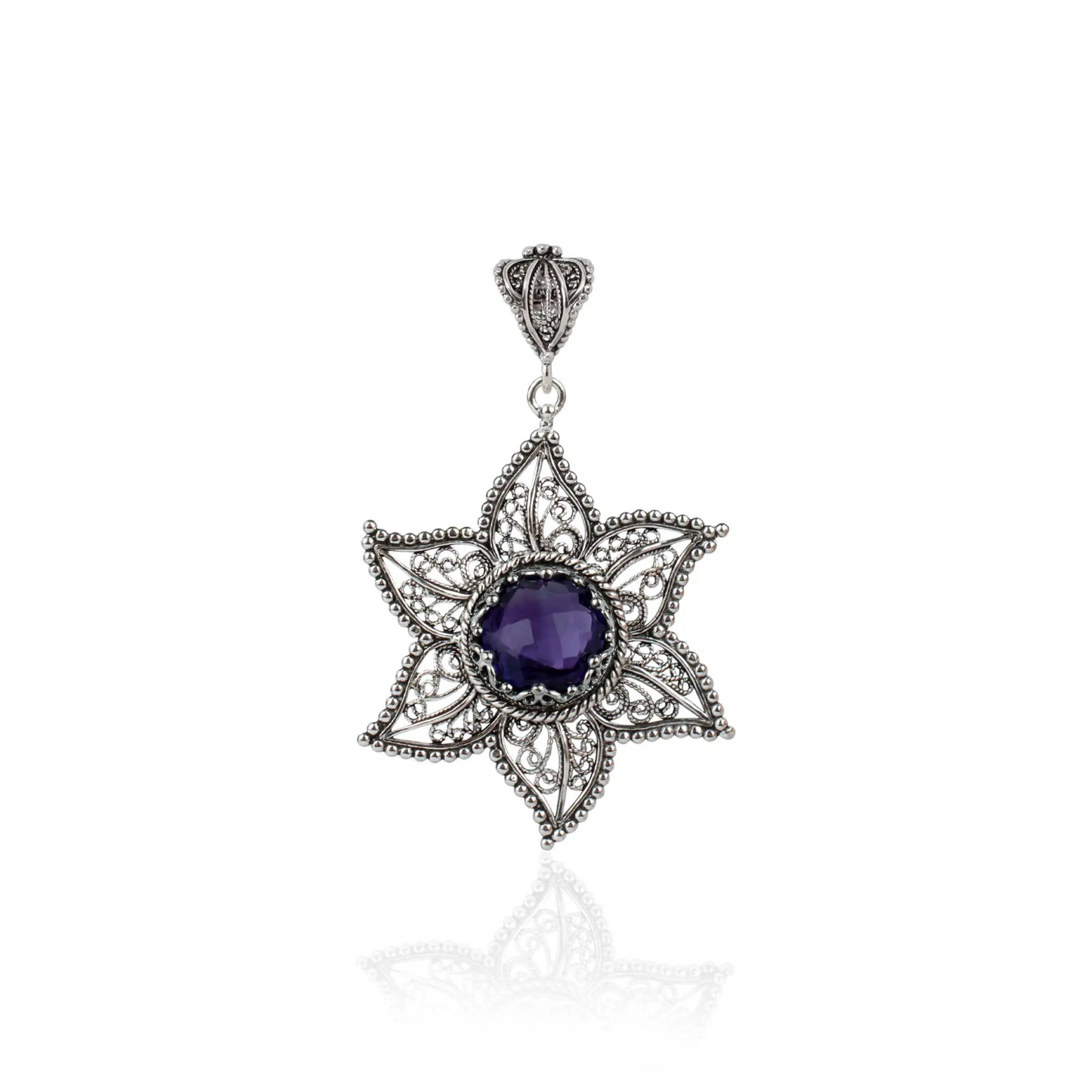 FiligranIst - Handcrafted Filigree Art Amethyst Gemstone Star Design Silver Pendant Necklace