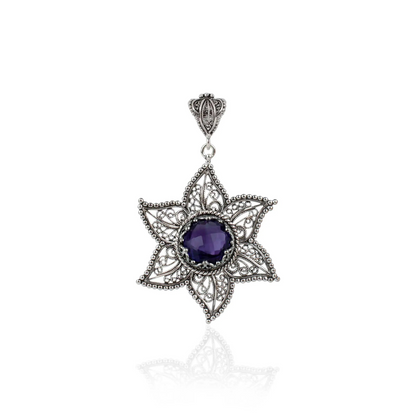 FiligranIst - Handcrafted Filigree Art Amethyst Gemstone Star Design Silver Pendant Necklace