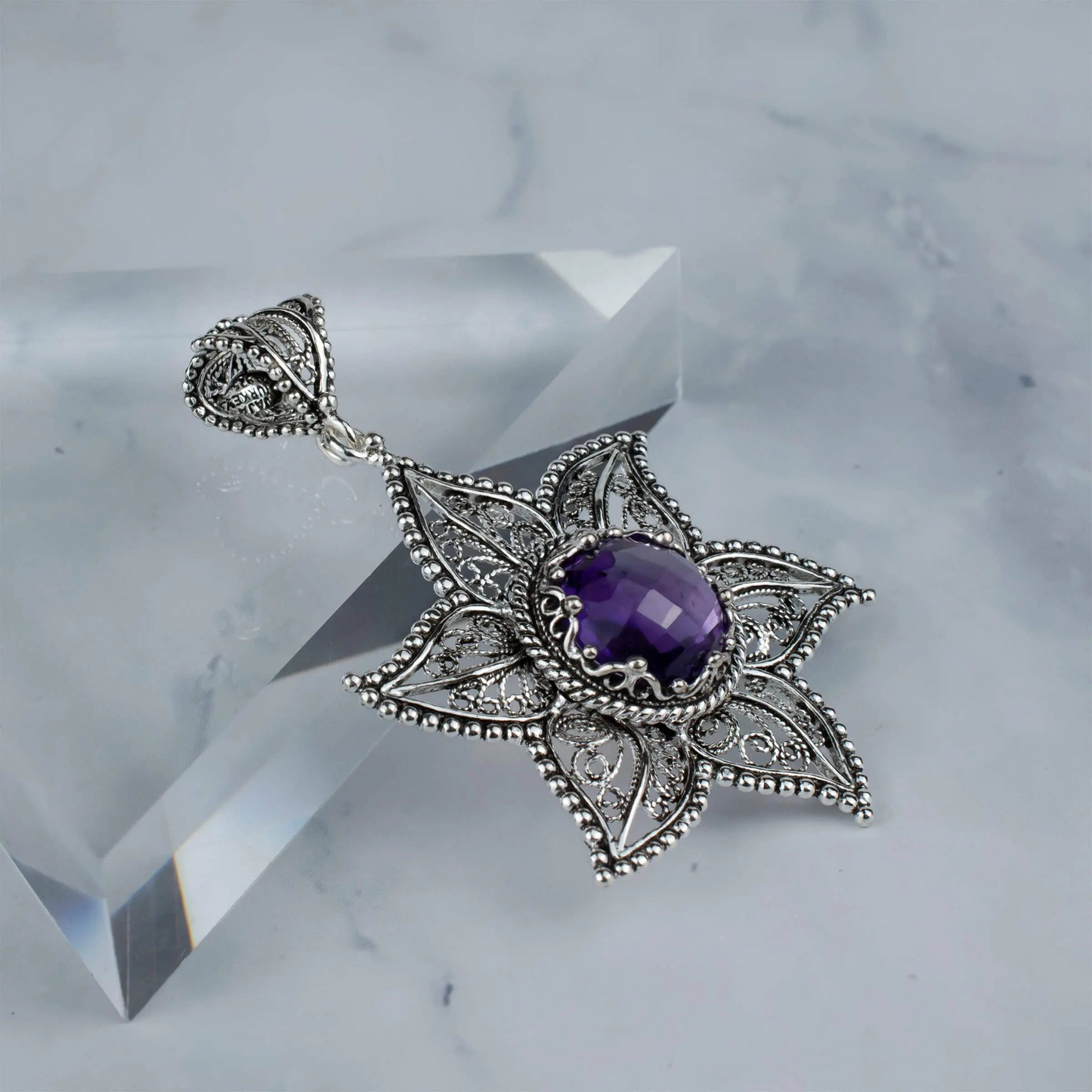 FiligranIst - Handcrafted Filigree Art Amethyst Gemstone Star Design Silver Pendant Necklace