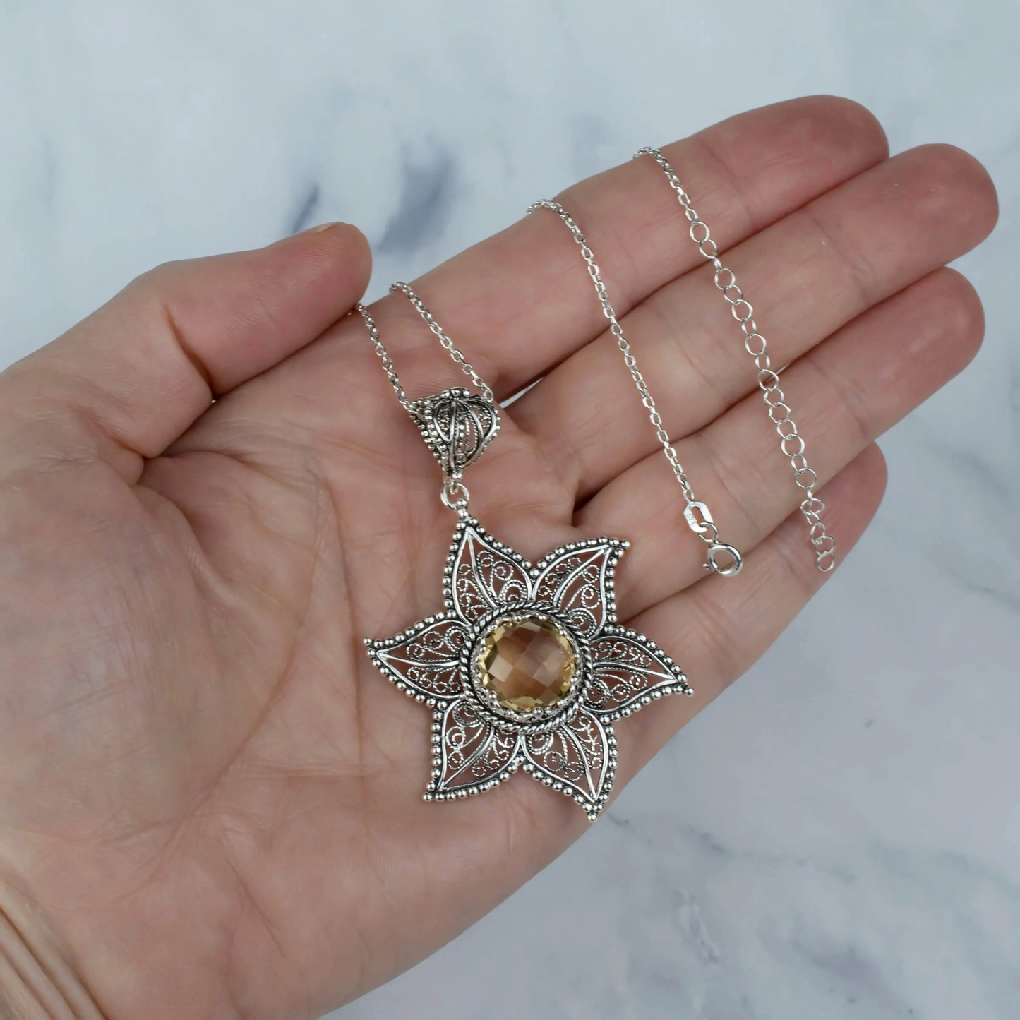 FiligranIst - Filigree Art Citrine Gemstone Star Design Women Silver Pendant Necklace