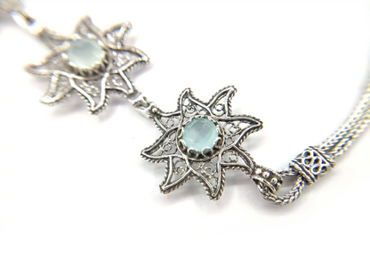 FiligranIst - Filigree Art Aqua Chalcedony Gemstone Star Figured Women Silver Link Bracelet