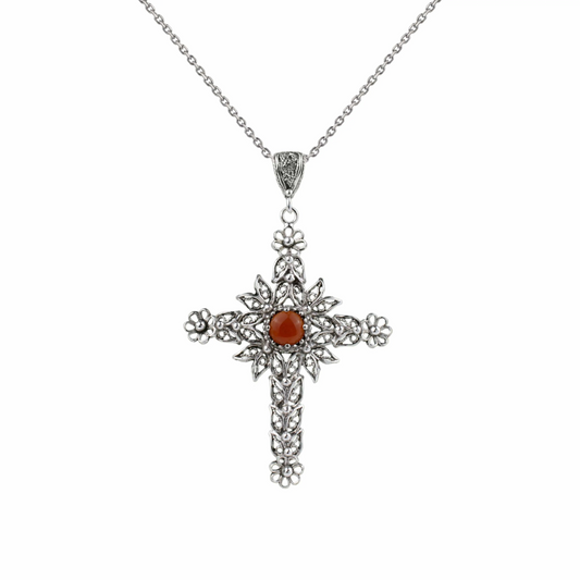 FiligranIst - Handcrafted Filigree Art Carnelian Gemstone Silver Cross Pendant Necklace