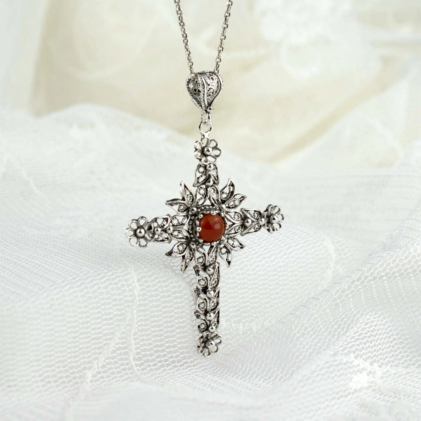 FiligranIst - Handcrafted Filigree Art Carnelian Gemstone Silver Cross Pendant Necklace