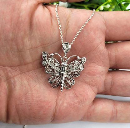 FiligranIst - Handcrafted Silver Filigree Butterfly Pendant Necklace: A Touch of Graceful Elegance