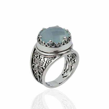 FiligranIst - Aqua Chalcedony Gemstone Crown Silver Statement Ring