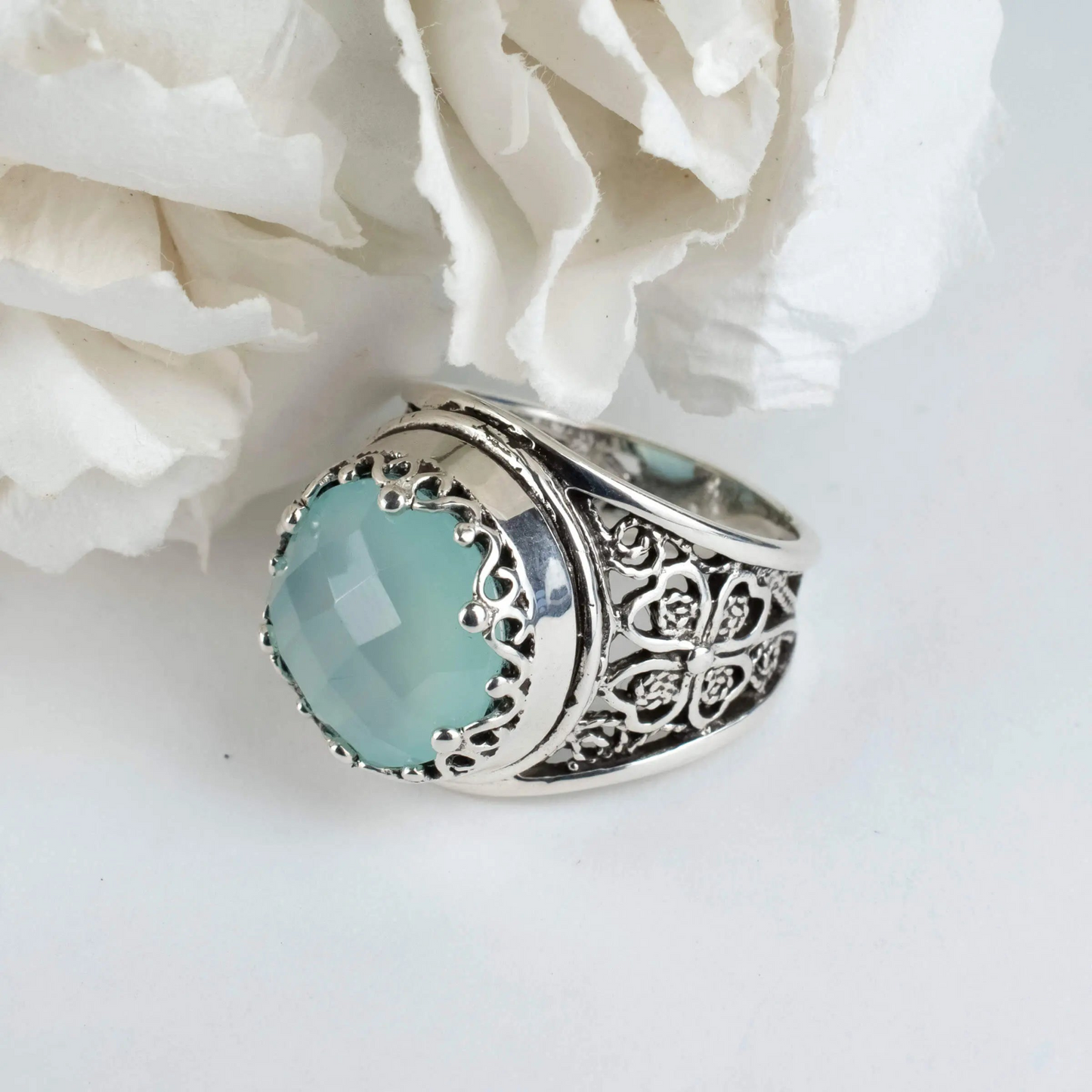 FiligranIst - Aqua Chalcedony Gemstone Crown Silver Statement Ring