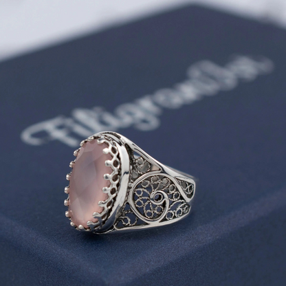 FiligranIst - Pink Chalcedony Gemstone Sterling Silver Filigree Ring