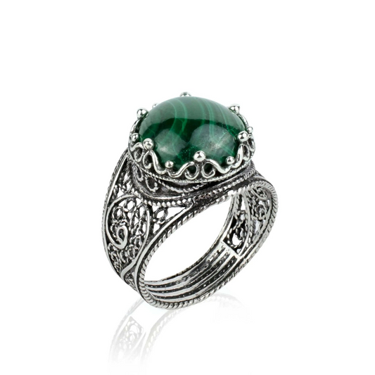 FiligranIst - Malachite Gemstone Crown Filigree Silver Cocktail Ring