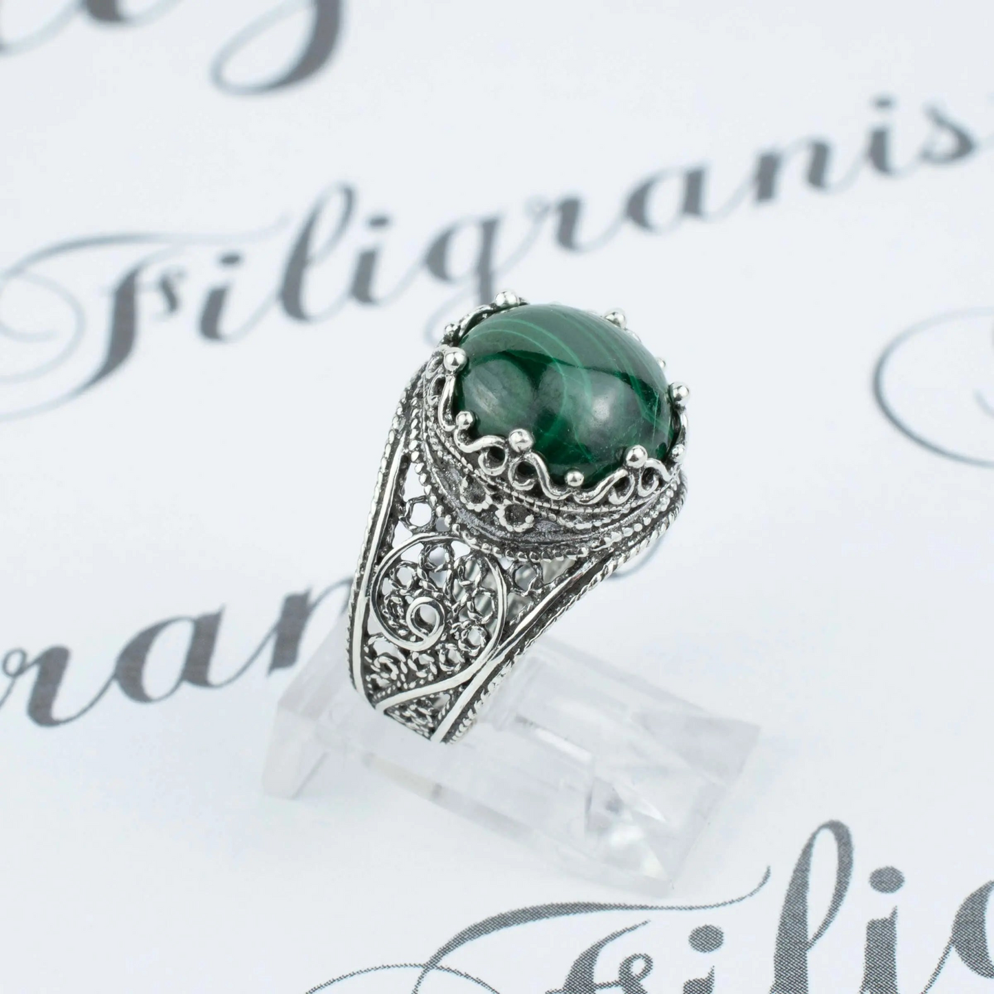 FiligranIst - Malachite Gemstone Crown Filigree Silver Cocktail Ring