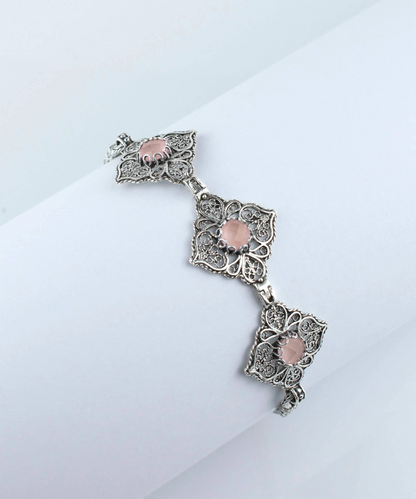 FiligranIst - Filigree Art Pink Chalcedony Gemstone Women Adjustable Silver Link Bracelet