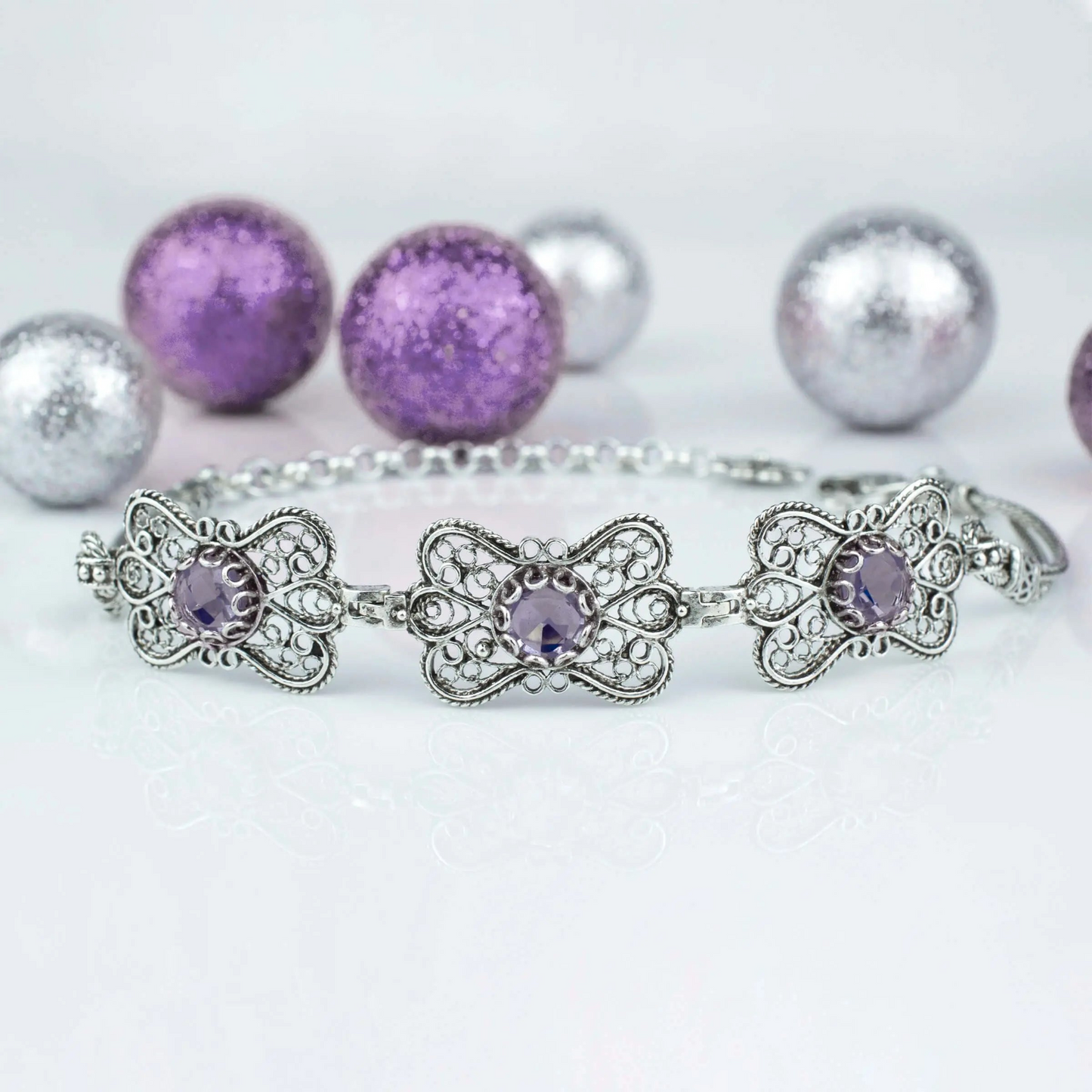 FiligranIst - Filigree Art Amethyst Gemstone Women Butterfly Silver Link Bracelet