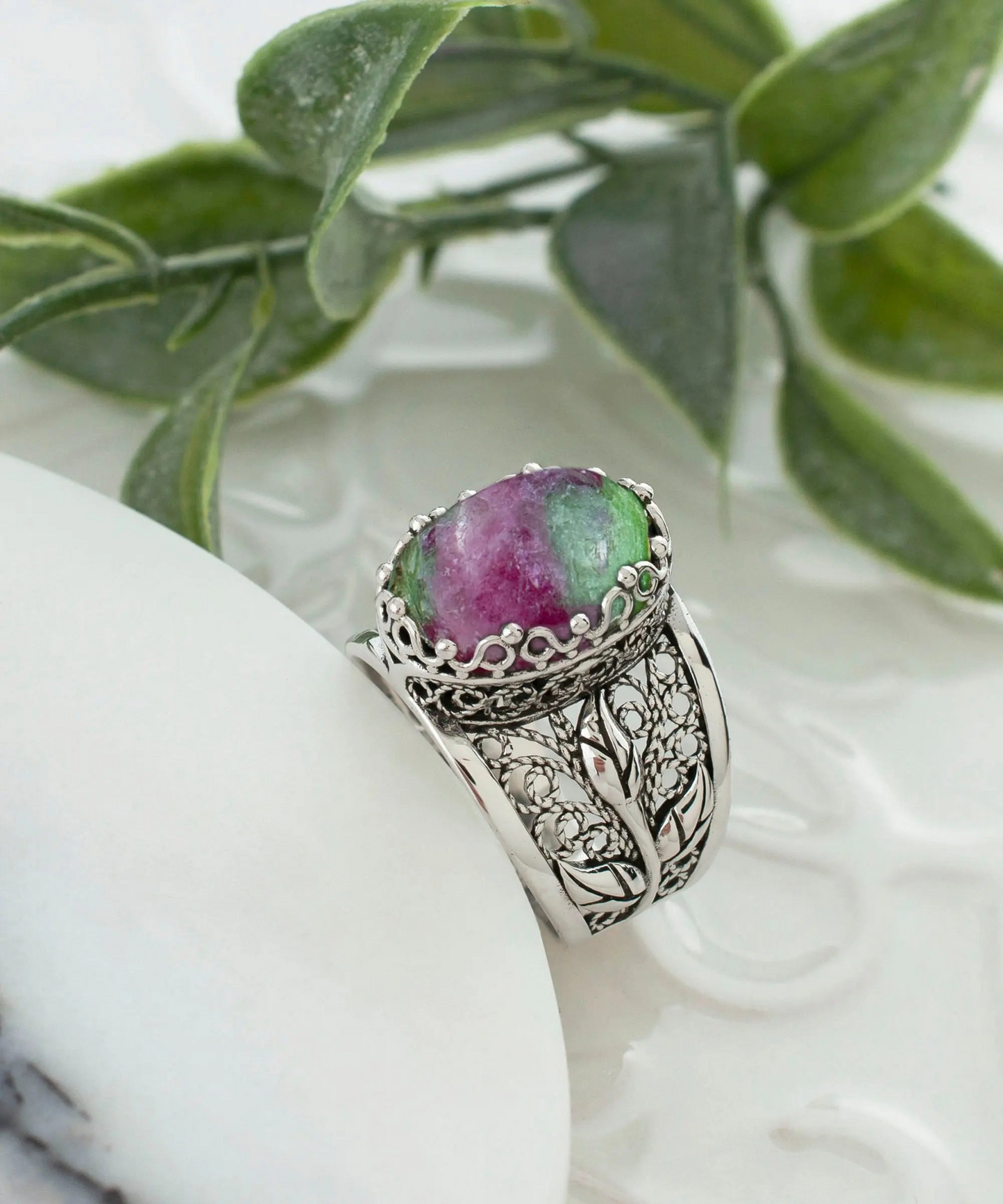 FiligranIst -  Ruby Zoisite Tulip Filigree Silver Statement Ring