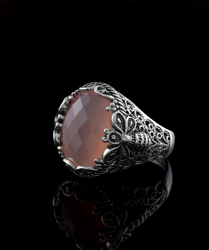 FiligranIst - Bee Detailed Pink Chalcedony Gemstone Silver Statement Ring