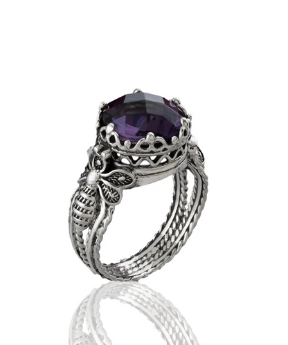 FiligranIst - Amethyst Gemstone Double Queen Bee Detailed Silver Cocktail Ring