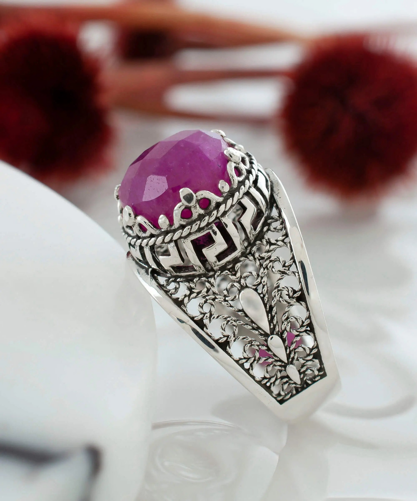 FiligranIst - Sterling Silver Greek Key Cocktail Ring with Ruby Corundum