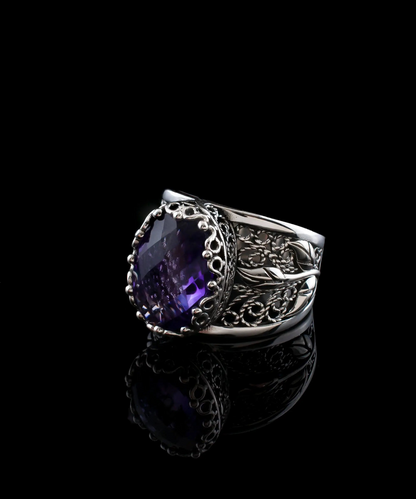 FiligranIst - Amethyst Gemstone Tulip Detailed Silver Statement Ring