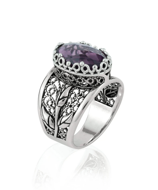 FiligranIst - Amethyst Gemstone Tulip Detailed Silver Statement Ring