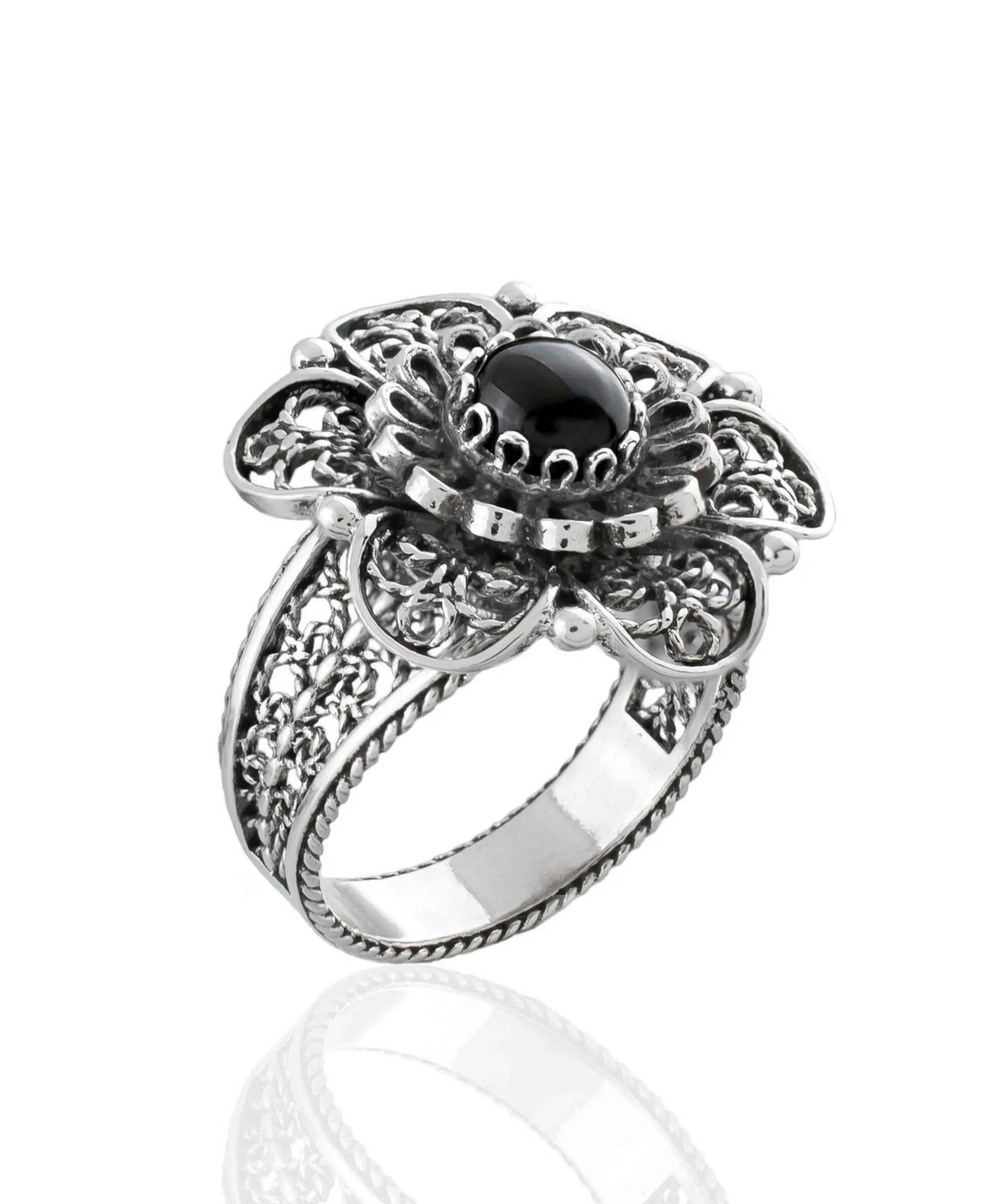 FiligranIst - Black Onyx Gemstone Lace Daisy Filigree Silver Statement Ring