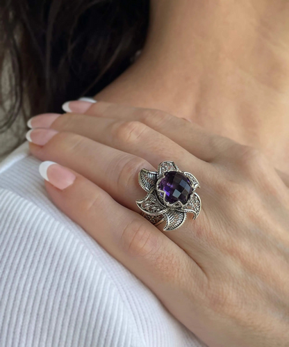 FiligranIst - Amethyst Gemstone Lotus Flower Silver Statement Ring