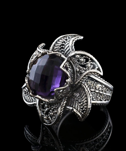 FiligranIst - Amethyst Gemstone Lotus Flower Silver Statement Ring