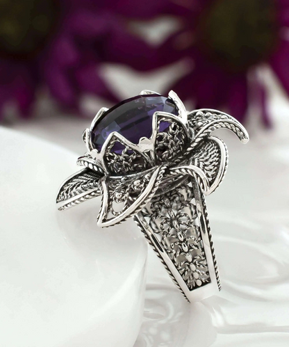 FiligranIst - Amethyst Gemstone Lotus Flower Silver Statement Ring