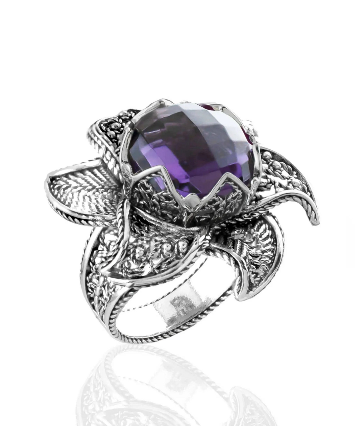 FiligranIst - Amethyst Gemstone Lotus Flower Silver Statement Ring