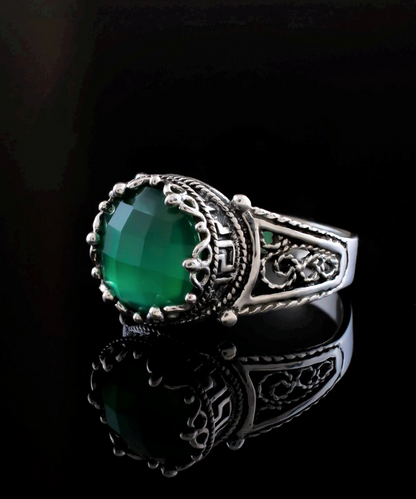 FiligranIst - Green Agate Gemstone Greek Key Filigree Silver Cocktail Ring