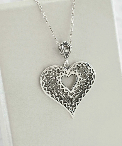 FiligranIst - Handcrafted Filigree Art Heart in Heart Silver Pendant Necklace