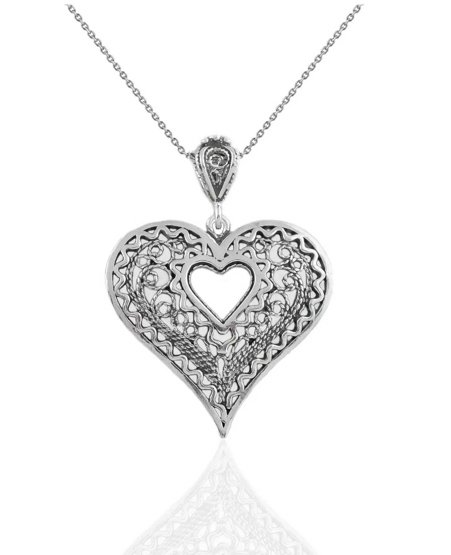 FiligranIst - Handcrafted Filigree Art Heart in Heart Silver Pendant Necklace