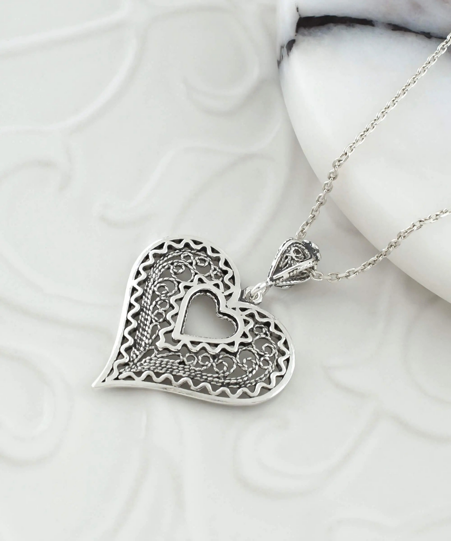 FiligranIst - Handcrafted Filigree Art Heart in Heart Silver Pendant Necklace