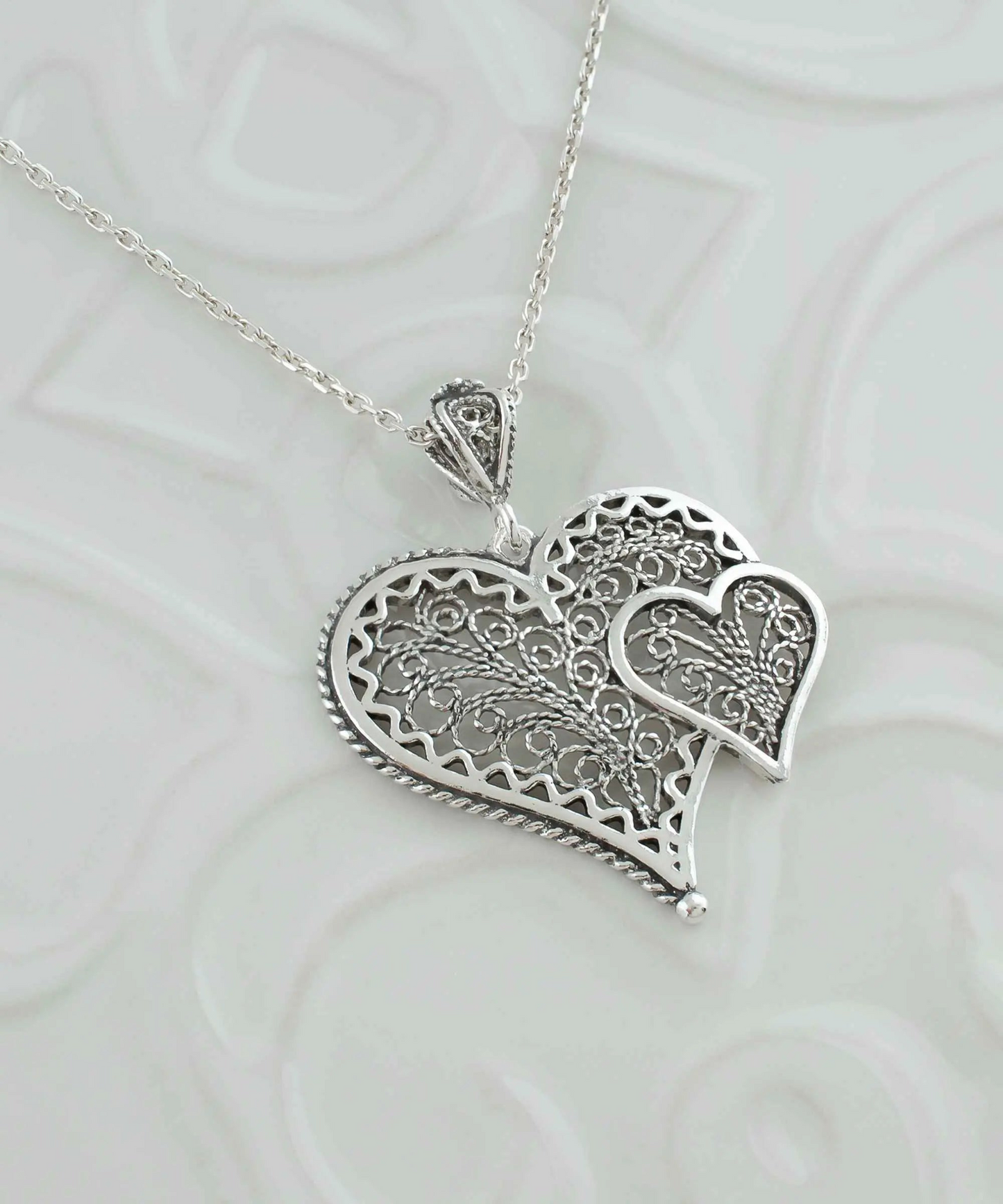 FiligranIst - Handcrafted Filigree Double Heart Silver Pendant Necklace