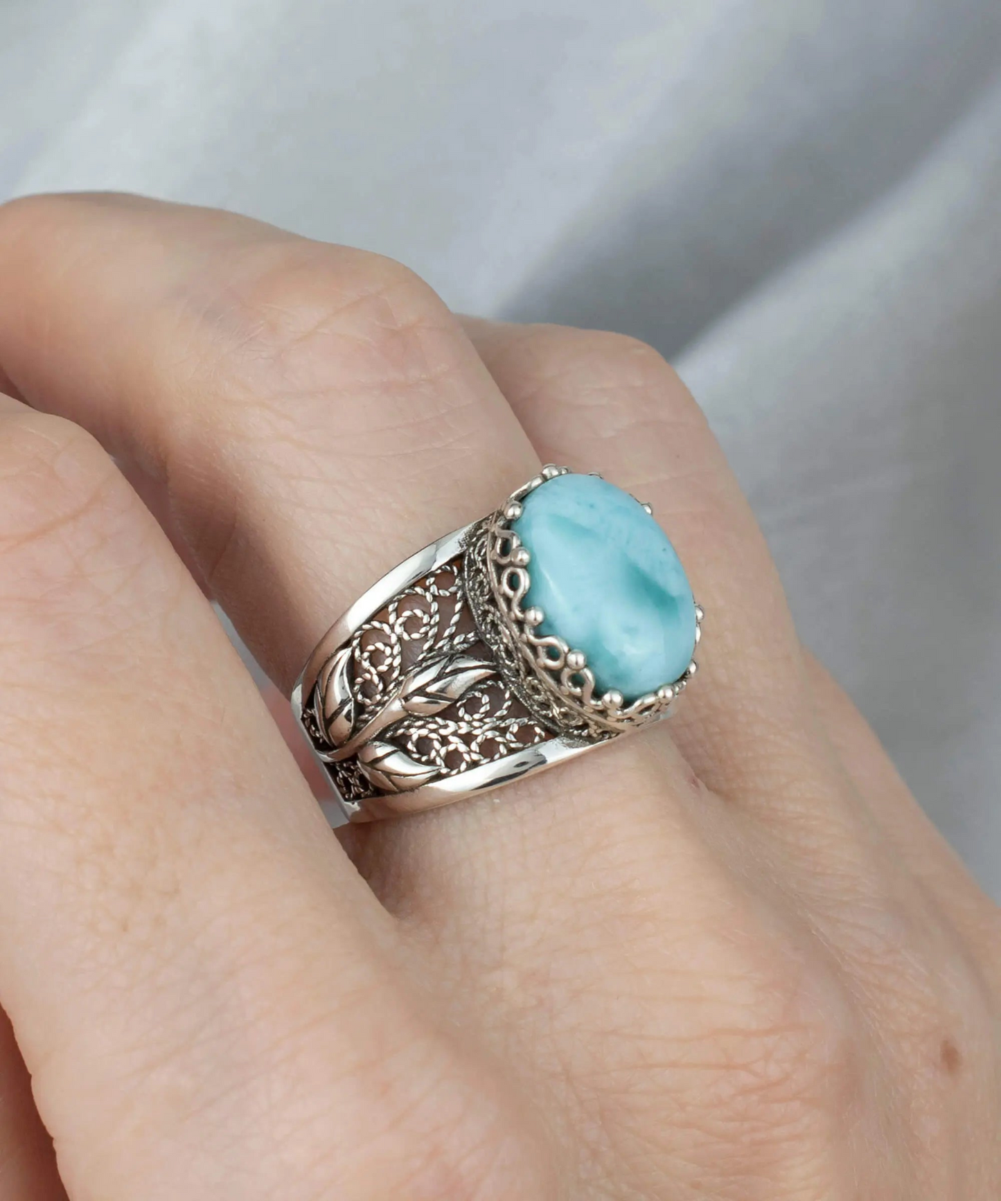 FiligranIst -  Larimar Gemstone Filigree Tulip Silver Statement Ring