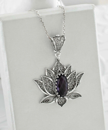 FiligranIst - Filigree Art Amethyst Gemstone Blossoming Lotus Flower Women Silver Pendant Necklace