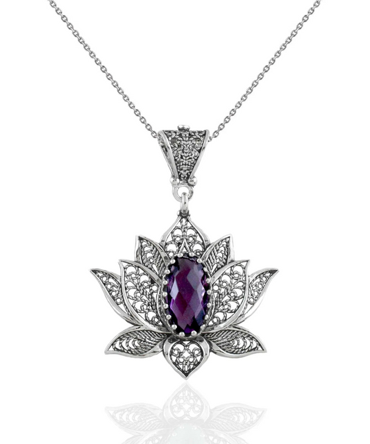 FiligranIst - Filigree Art Amethyst Gemstone Blossoming Lotus Flower Women Silver Pendant Necklace