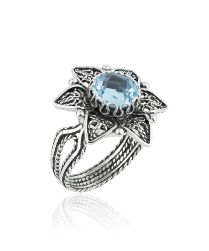 FiligranIst - Blue Topaz Gemstone Daisy Filigree Silver Cocktail Ring