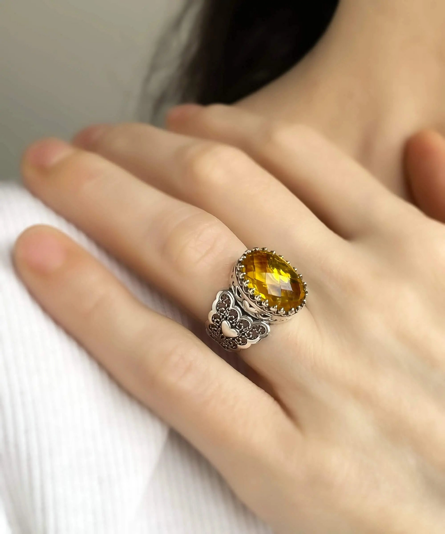 FiligranIst - Citrine Double Heart Filigree Statement Ring