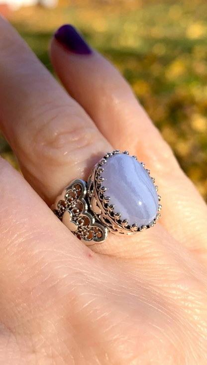 FiligranIst - Blue Lace Agate Double Heart Filigree Silver Statement Ring