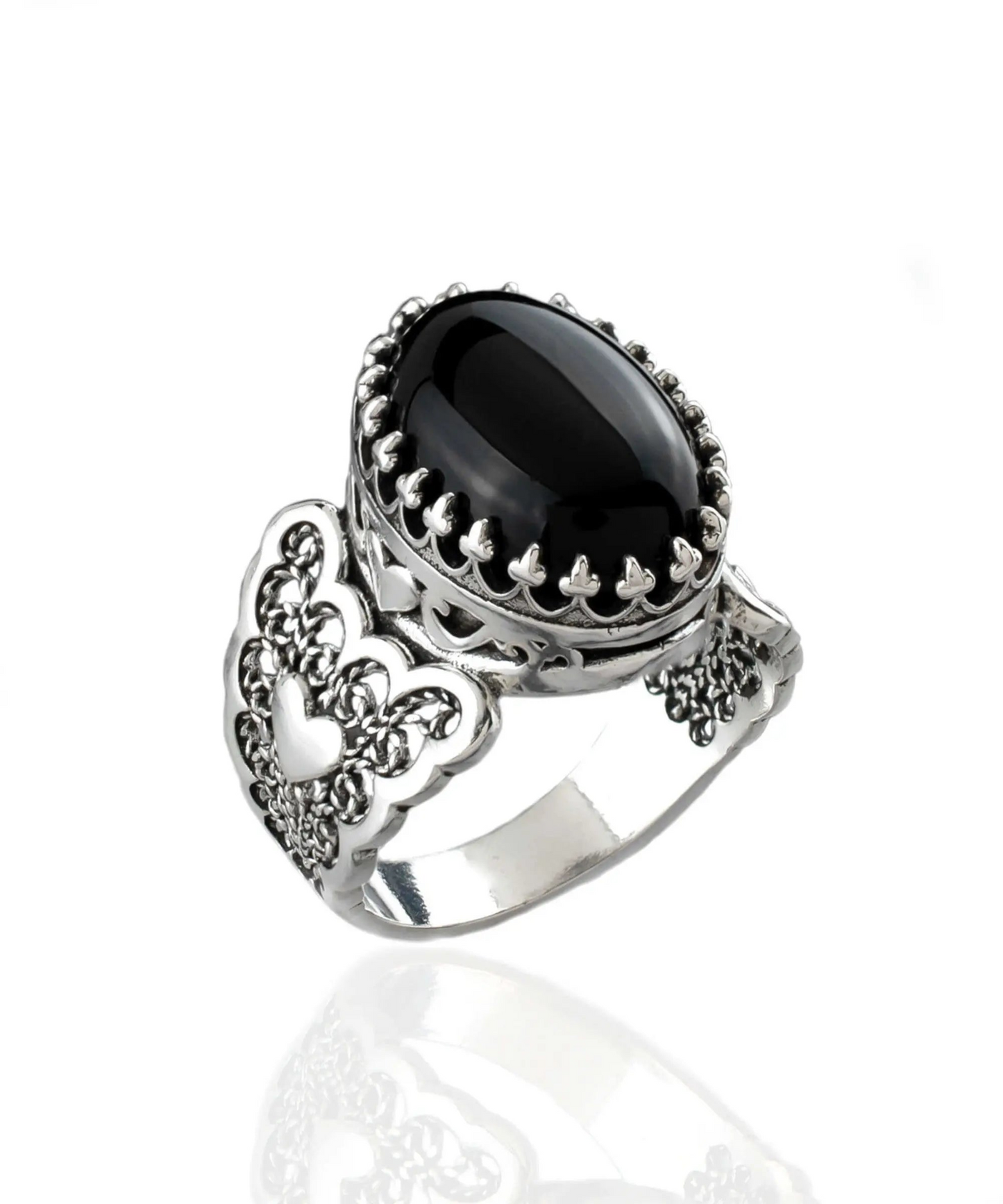 FiligranIst - Black Onyx Double Heart Filigree Sterling Silver Statement Ring