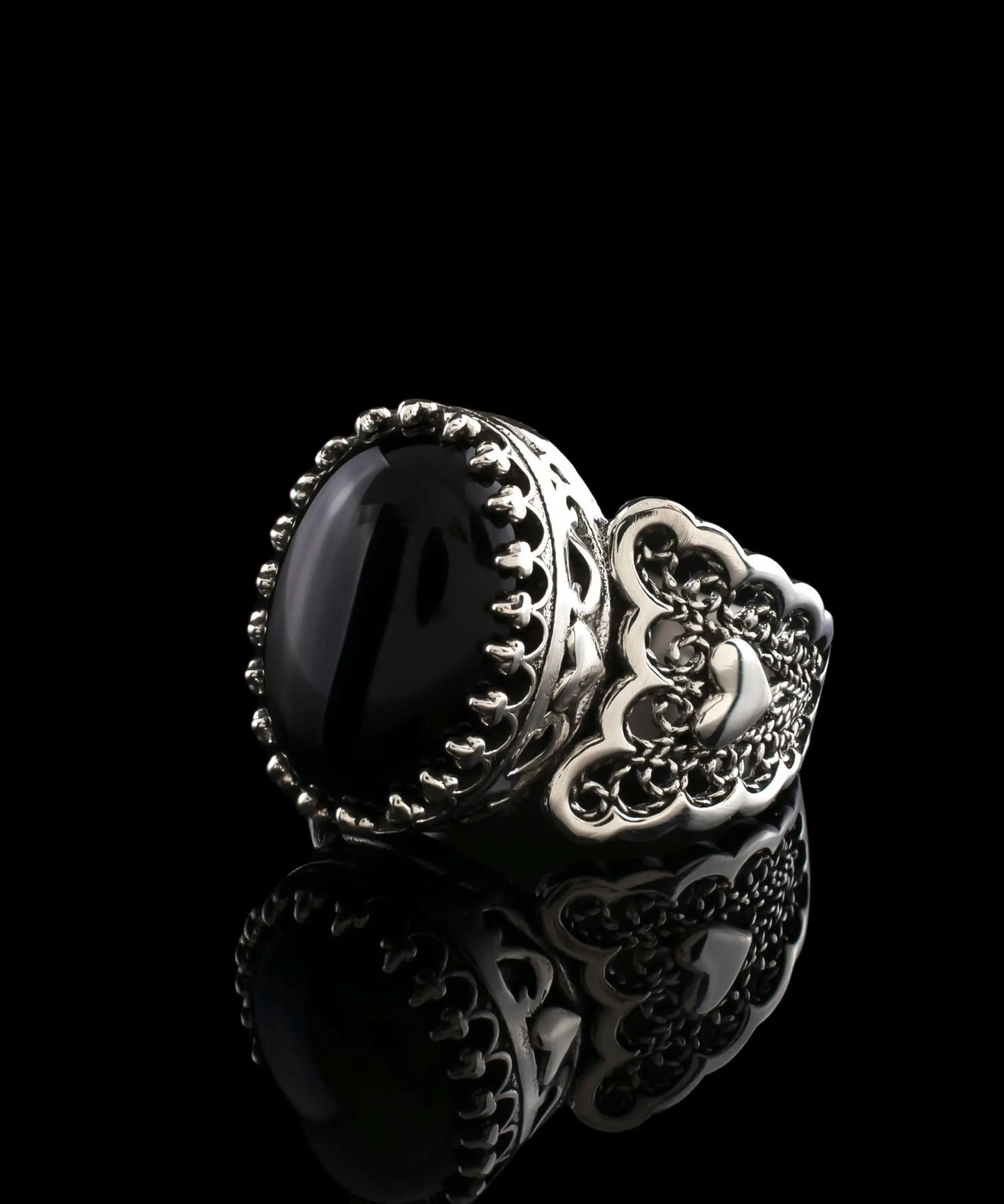 FiligranIst - Black Onyx Double Heart Filigree Sterling Silver Statement Ring