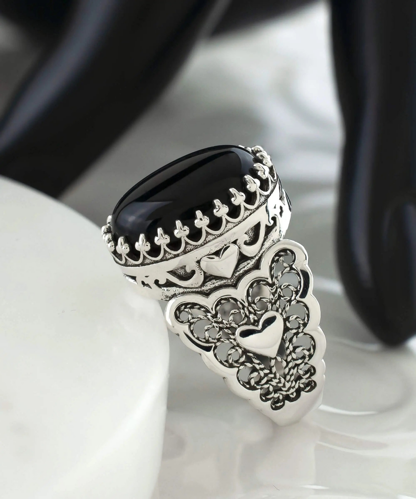 FiligranIst - Black Onyx Double Heart Filigree Sterling Silver Statement Ring