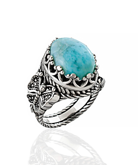 FiligranIst - Larimar Gemstone Filigree Art Double Butterfly Detailed Women's Silver Statement Ring