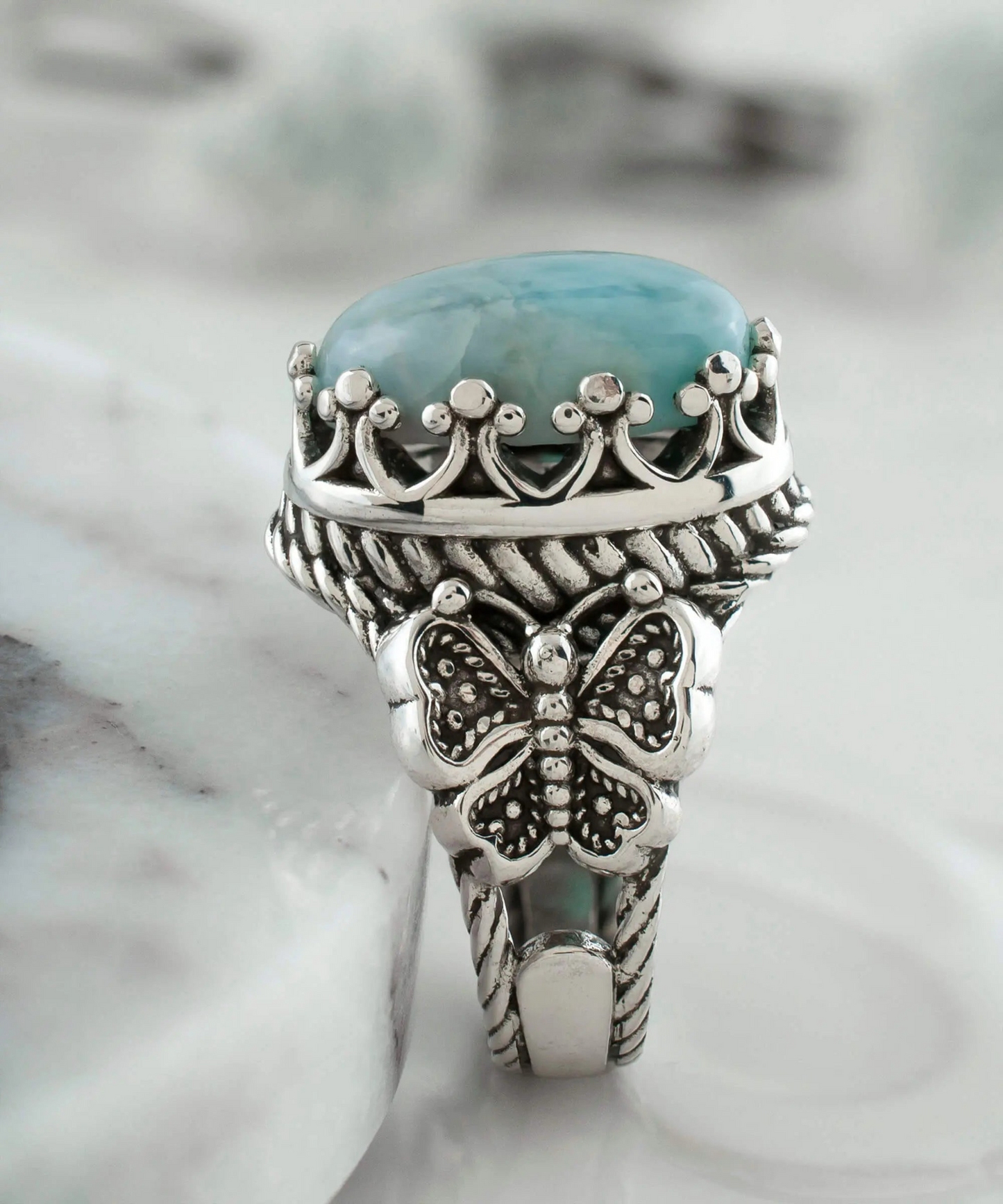 FiligranIst - Larimar Gemstone Filigree Art Double Butterfly Detailed Women's Silver Statement Ring