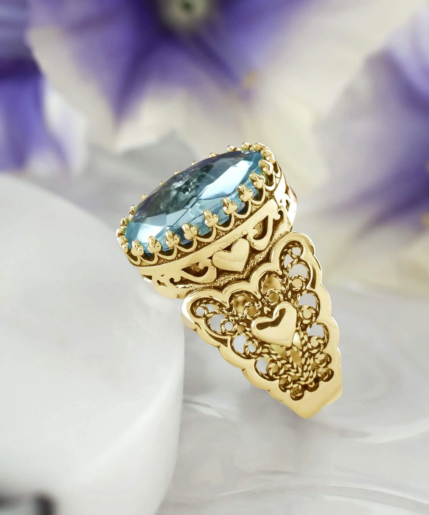 FiligranIst - Blue Topaz Double Heart Filigree Gold Plated Silver Statement Ring