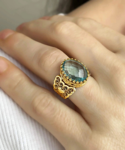 FiligranIst - Blue Topaz Double Heart Filigree Gold Plated Silver Statement Ring